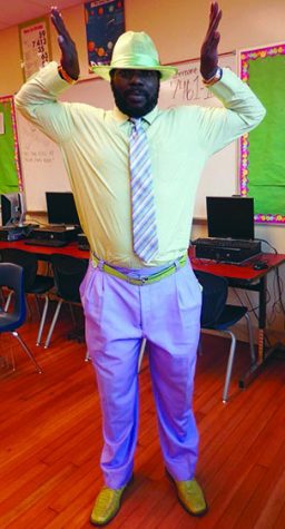 Mr. Strickland sporting a mint green shirt and hat with a light lavender pants and tie on September 28th, 2016.