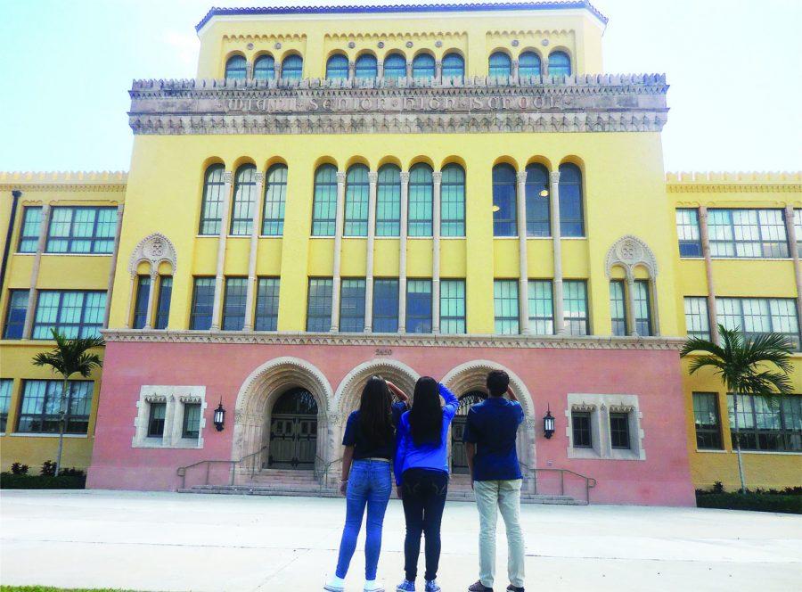 (From left to right) Class of 2020s Emma Alonso, Ashley Yuen, and Andres Garcia encounter the beautiful main building.