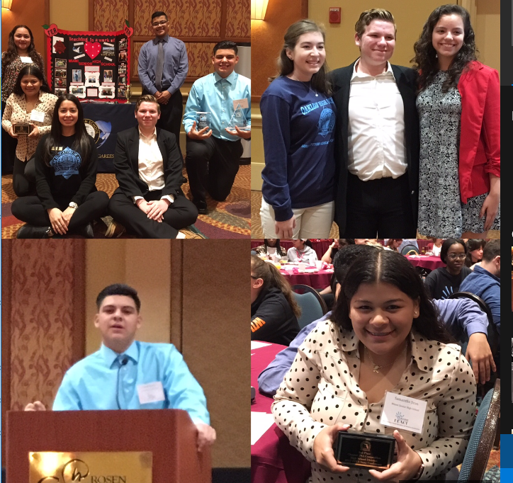 Top left: Miami High poses for a picture in front of their LED-lit chapter display.
Top right: The Florida F.E.A. state officers right after their office announcements.
Bottom left: Junior Cesar Flores delivering his speech.
Bottom right: Junior Samantha Jiron is awarded third place for the public service announcement video.