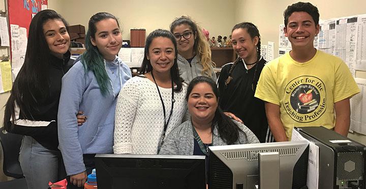(From left to right) Freshmen Jennifer Andino, Melissa Magalhaes, Yaneilus Ayuso, Danielle D Ostilio and Carlos Cardova with coaches Ms. Stephanie and Ms. Joni.