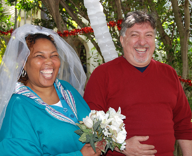 Mr. Bain (right) with former guidance counselor Ms. Marcia Missick (Left) at a GSA Mock Wedding.