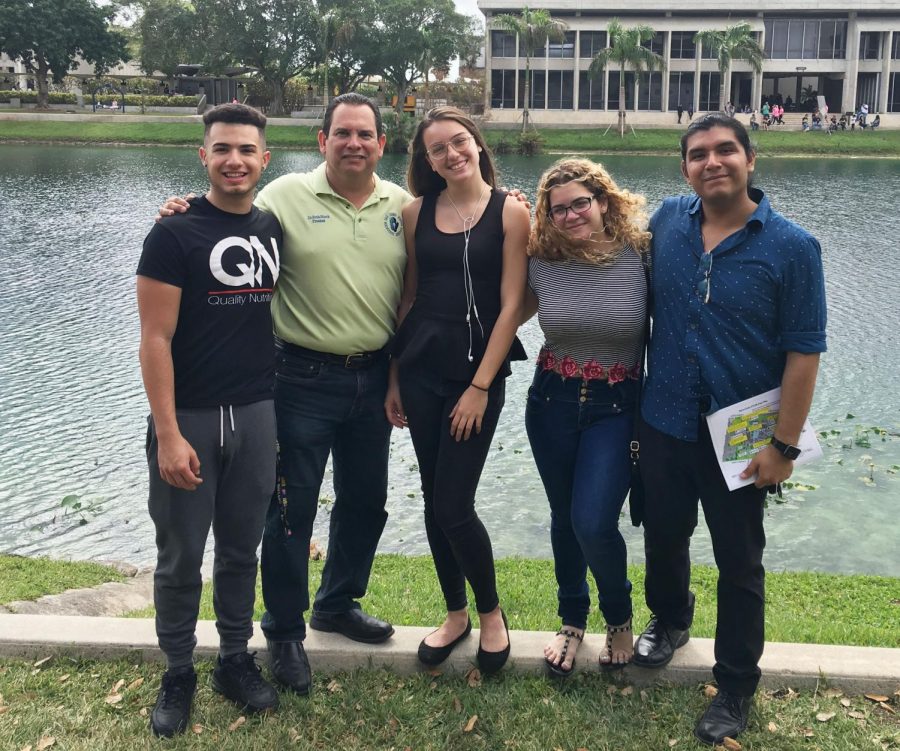(From left to right) Lazaro Diaz, Science Department Chair Dr. Hueck, Cielo Giordani, Thalia Hechevarria,and advisor Mr. Jara