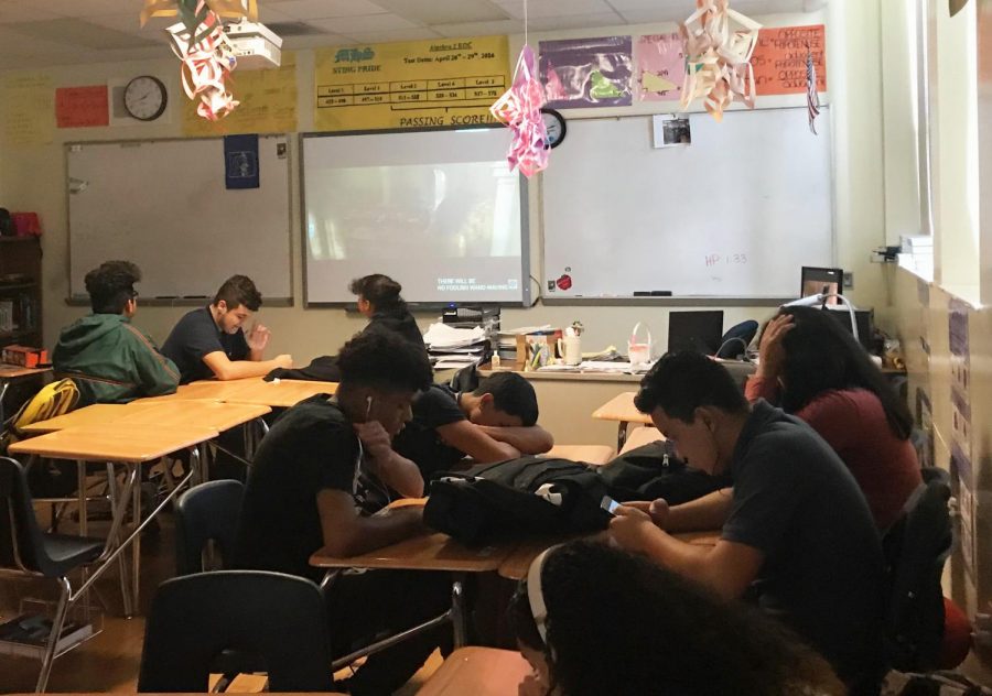 Students in Algebra 1 sitting back and watching a Harry Potter movie
