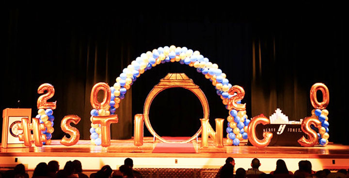 Junior ring ceremony decorations displayed in the auditorium.