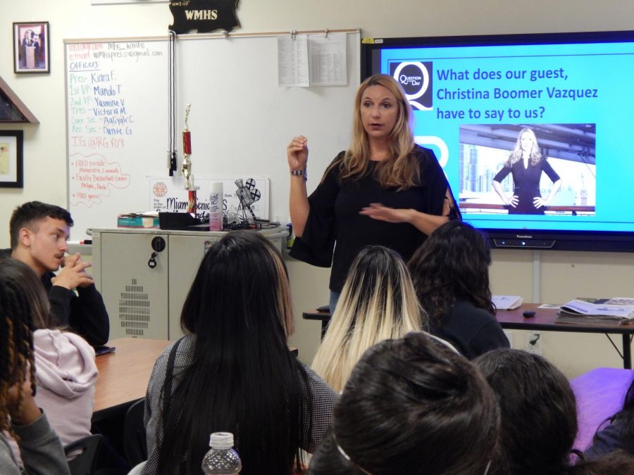 Chanel 10 news reporter, Christina Boomer Vazquez, gives a presentation to Dr. Underwoods TV production class. 