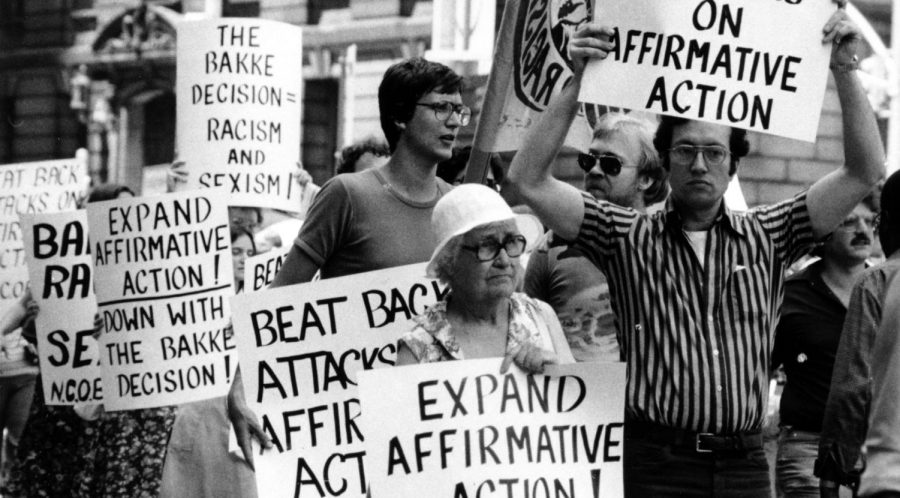 A protest at the U.S. Supreme Court  during the University of California v. Bakke (1978) case.

(Source: https://www.urban.org/urban-wire/40-years-after-bakke-decision-whats-future-affirmative-action-college-admissions)