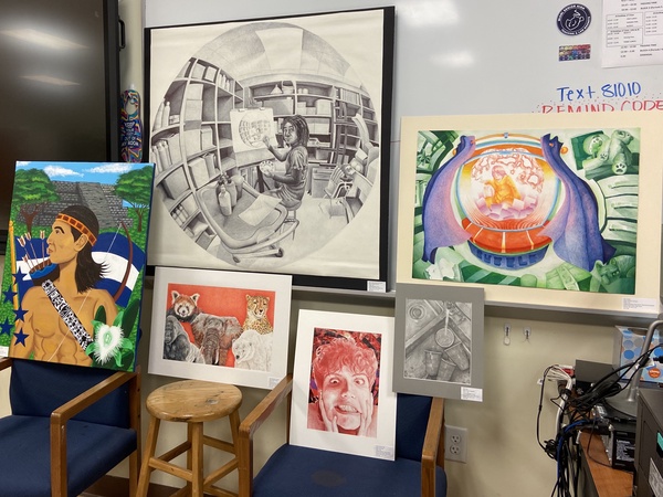 Photo of art pieces made by AP Art students.