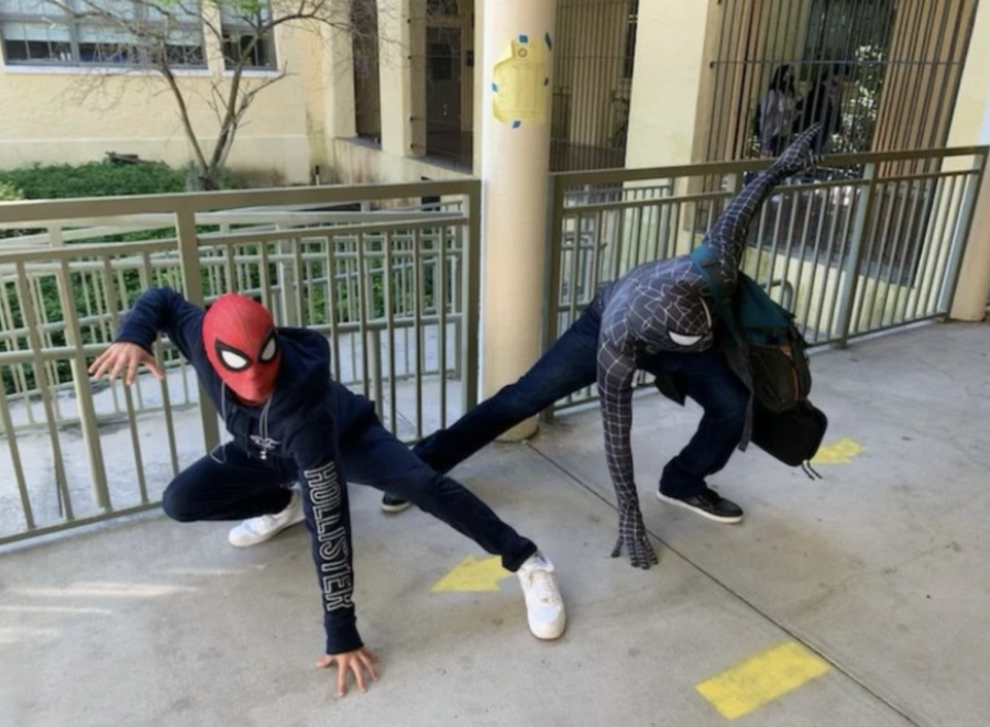 The @mhs_spidey account owner posing with someone cosplaying as Symbiote Spider-Man.