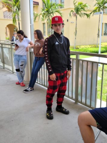 Even though Miami Senior High has a strict uniform policy, theres always one day where kids can wear what they want, even in PJs, as worn here by Luis Delgado. 
