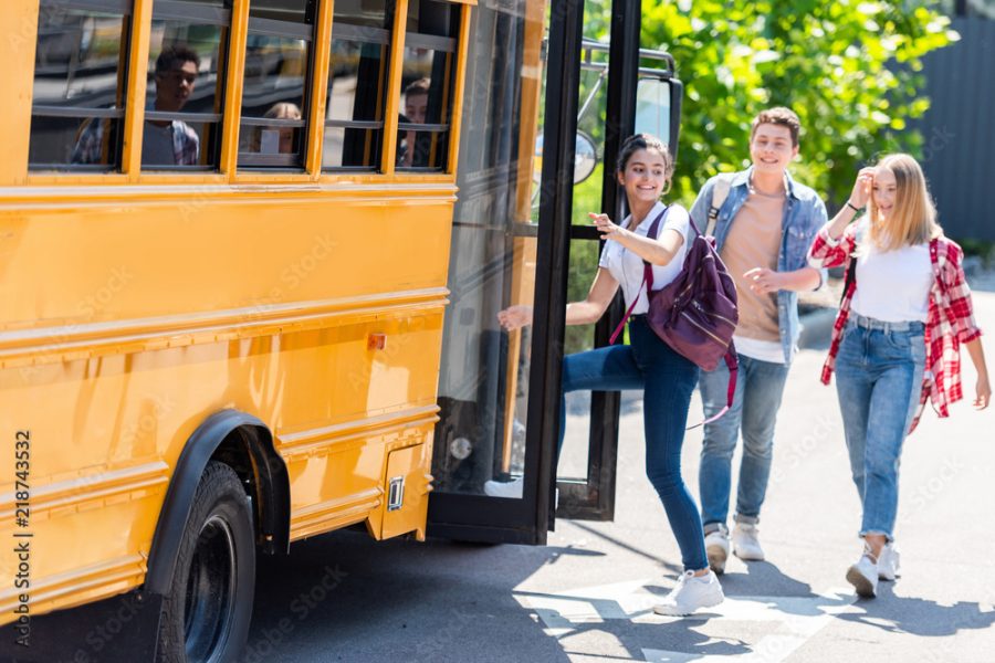 Students leaving for a field trip.
Source: /https://stock.adobe.com/images/happy-teen-students