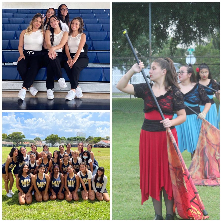 Top Left: Blue & Gold Dance team; Bottom Left: Varsity Cheerleaders. Right: Color Guard, photo provided by Ray Garcia