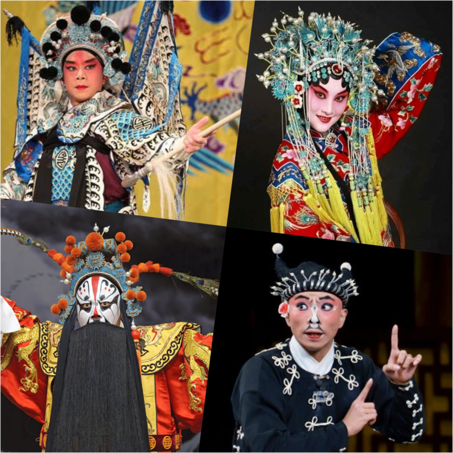 The four main roles of Beijing Opera (from left clockwise): Sheng, Dan, Chou, and JIng.