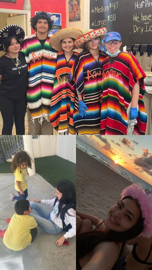 Top Photo: Kathleen Delgado and her co-workers dressed up for 5 de Mayo. Bottom Left: Kathleen is part of the Teaching Magnet and loves playing with the baby stings. Bottom Right: Kathleen at Senior Sunrise.