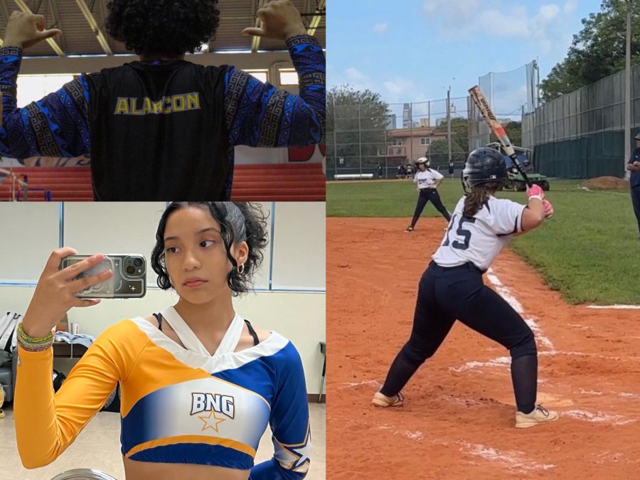 Evan Alarcon in his volleyball jacket (top left), Genesis Lopez in her dance uniform (bottom left), and Rosemary Hernandez playing softball (right)