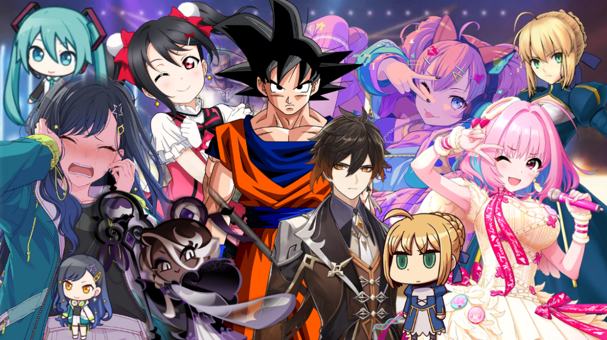 Collage of Hatsune Miku, Nico Yazawa, Goku, CHU², Saber, An Shiraishi, Affogato Cookie, Zhongli, and Riamu Yumemi by Melanie Villatoro