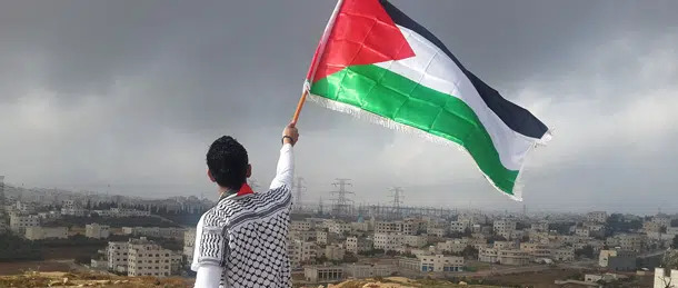 This image displays a man holding his flag referring to the humanitarian crisis occurring in Gaza.