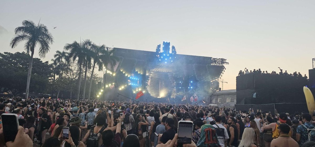 Attendees gather in the Main Stage at Bayfront Park as the sun begins to set during the 2026 Ultra Music Festival. 